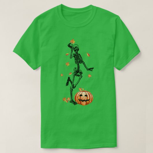 スケルトンおもしろい踊り紅葉パンプキンハロー Tシャツ (デザイン正面)