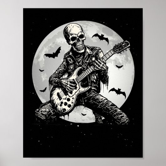スケルトンがギターを演奏するパンクロック音楽のハロウィン ポスター (正面)