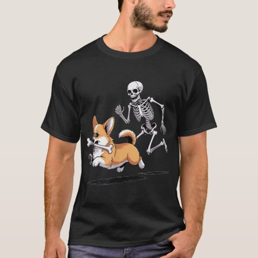 スケルトンがコギのハロウィーン犬を追いかける Tシャツ (正面)