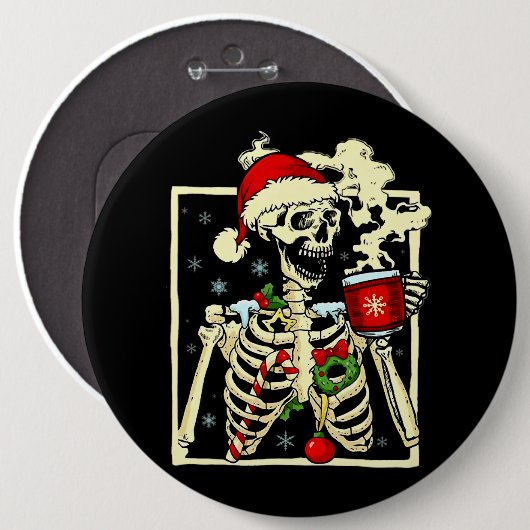 スケルトンがコーヒーを飲み込む死んだがクリスマス 缶バッジ (正面&裏面)