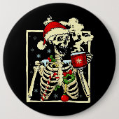 スケルトンがコーヒーを飲み込む死んだがクリスマス 缶バッジ (正面)