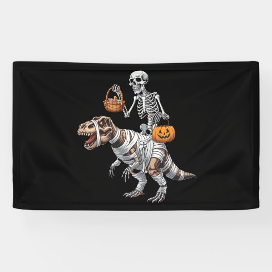 スケルトンがミイラに乗ってハロウィンを楽しむティラノサウルス 横断幕 (横)