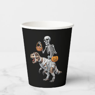 スケルトンがミイラに乗ってハロウィンを楽しむティラノサウルス 紙コップ