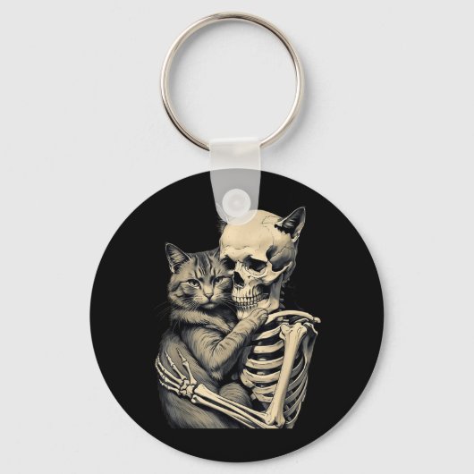 スケルトンが抱きしめる猫好きハロウィンおもしろアパレル キーホルダー (正面)