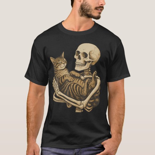 スケルトンが猫を持っている Tシャツ (正面)