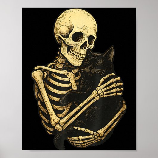 スケルトンが黒猫をハグする面白いハロウィン ポスター (正面)