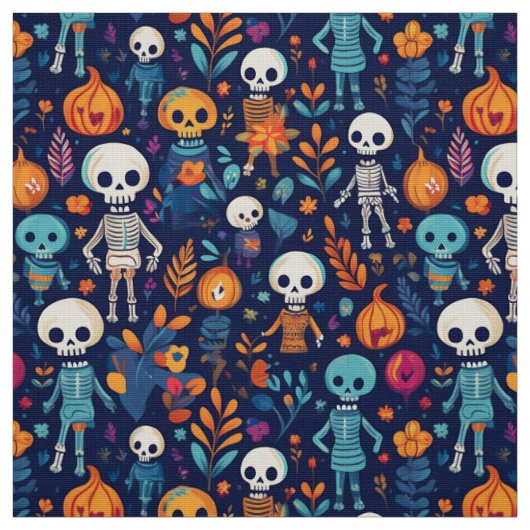 スケルトンとカボチャ鮮やかのハロウィーン ファブリック (見本)