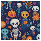 スケルトンとカボチャ鮮やかのハロウィーン ファブリック (クローズアップ)