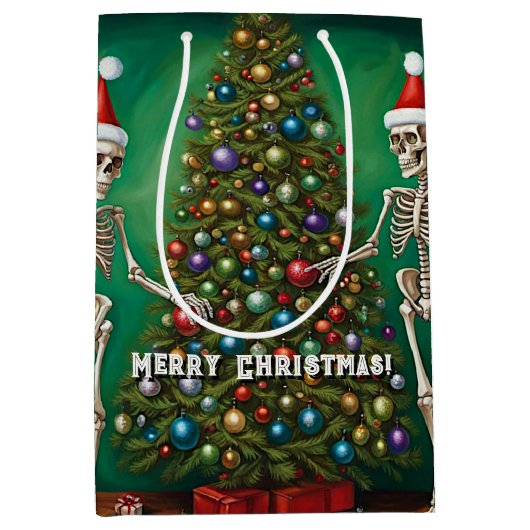 スケルトンとカラフルオーナメントクリスマス ミディアムペーパーバッグ (正面)