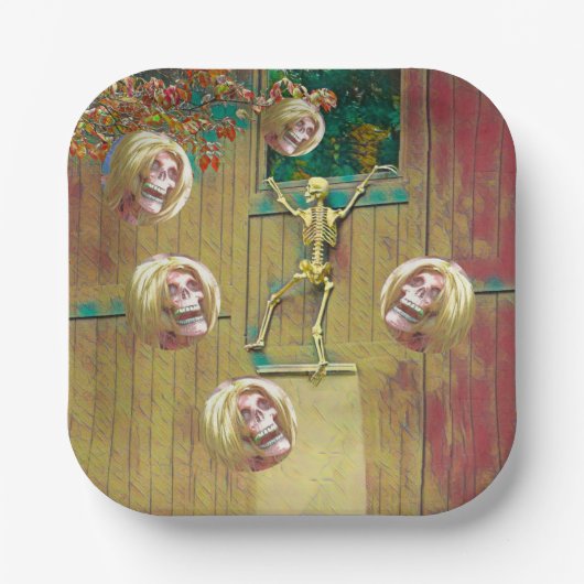 スケルトンとモッキングヘッドハロウィーン ペーパープレート (正面)