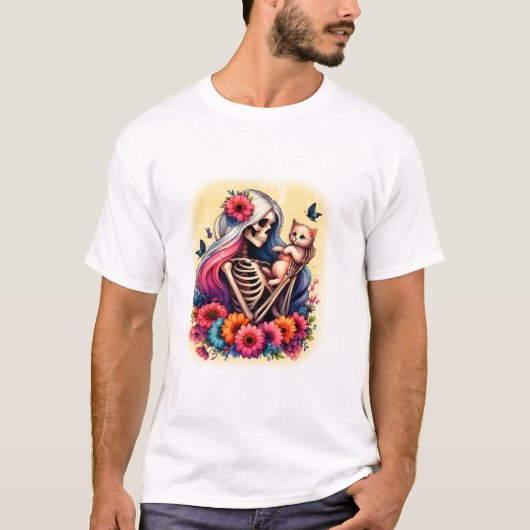 スケルトンと可愛い子猫 Tシャツ (正面)