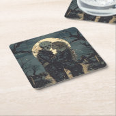 スケルトンと女性のロマンチックなゴシック風刺画 スクエアペーパーコースター (アングル)