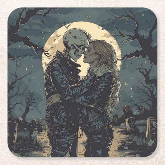 スケルトンと女性のロマンチックなゴシック風刺画 スクエアペーパーコースター (正面)