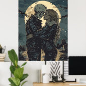 スケルトンと女性のロマンチックなゴシック風刺画 ポスター (ホームオフィス)