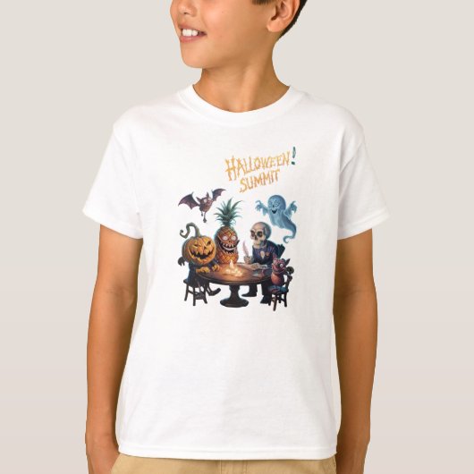 スケルトンによるハロウィーンのサミット，こうもり，カボチャ，幽霊 Tシャツ (正面)