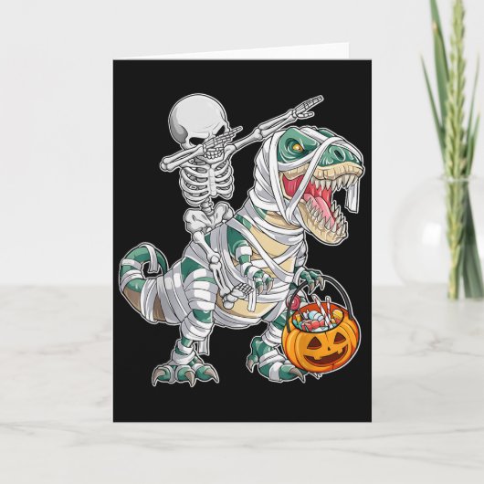スケルトンに乗って踊るダブ巨大恐竜T-Rexハロウィン カード (正面)