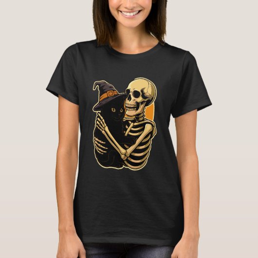 スケルトンに抱かれた黒猫 ハロウィン かわいい魔女 カ Tシャツ (正面)
