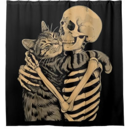 スケルトンに抱かれる猫 - かわいいゴシック猫グッズ シャワーカーテン