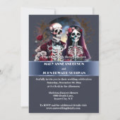 スケルトンのカップルがごちゃ混ぜの濃い青結婚ゴシック 招待状 (正面)