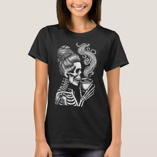 スケルトンのコーヒー飲みハロウィン仮装 幽霊仮装 Tシャツ (正面)