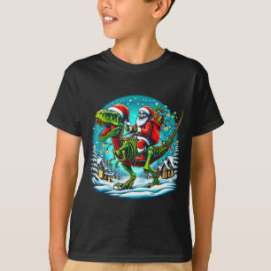 スケルトンのサンタがTレックス恐竜に乗る面白いクリスマス Tシャツ