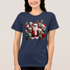 スケルトンのサンタのクリスマスグループフォト – 祝祭的な3Dデザイン トライブレンドTシャツ