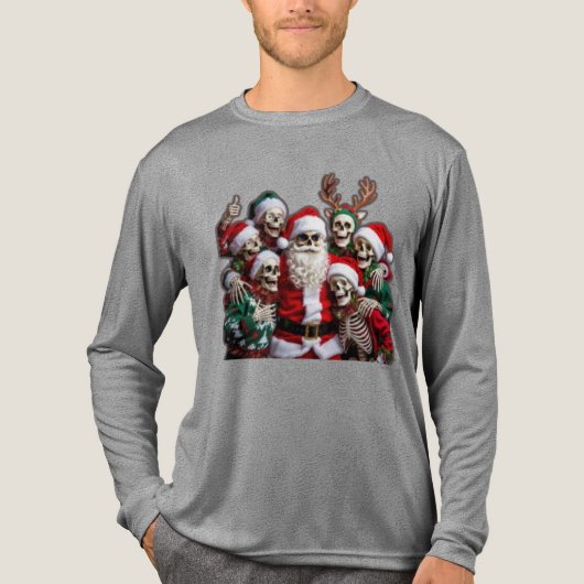 スケルトンのサンタのクリスマスグループフォト – 祝祭的な3Dデザイン トライブレンドＴシャツ (正面)