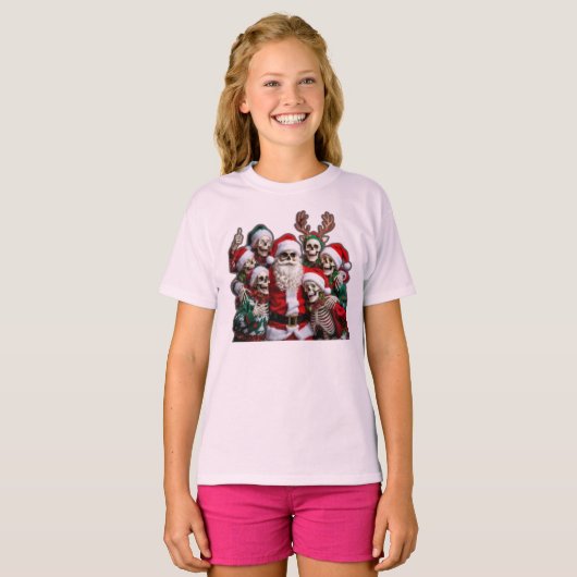スケルトンのサンタのクリスマスグループフォト – 祭りの3Dデザイン Tシャツ (正面フル)