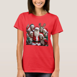 スケルトンのサンタ クリスマス グループフォト – 祝祭的な3Dデザイン Tシャツ