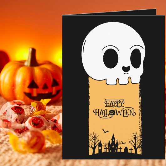 スケルトンのドクロ 墓場 黒いゴシックハロウィン カード