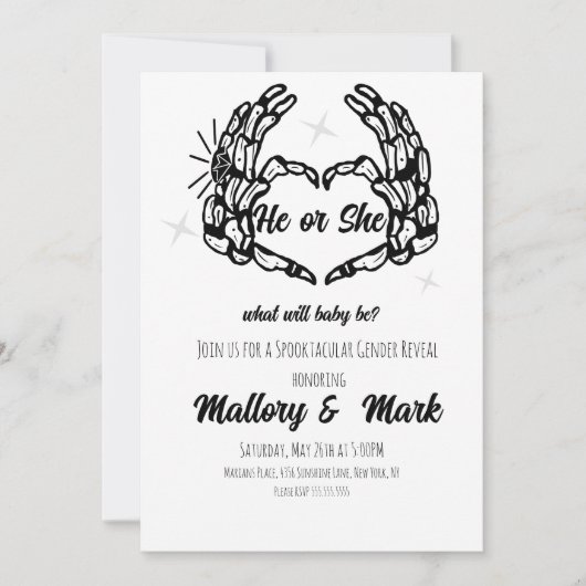 スケルトンのハロウィーン彼または彼女がジェンダーを明かすパーティー 招待状 (正面)