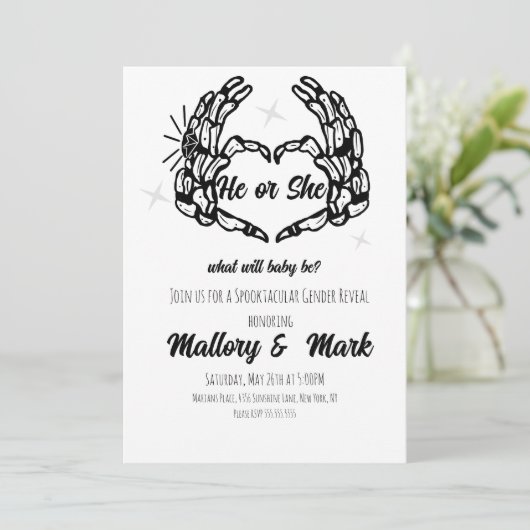 スケルトンのハロウィーン彼または彼女がジェンダーを明かすパーティー 招待状 (スタンド正面)