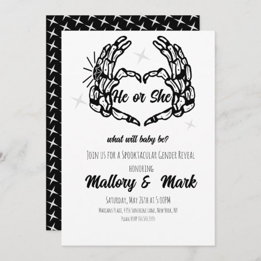 スケルトンのハロウィーン彼または彼女がジェンダーを明かすパーティー 招待状 (正面/裏面)