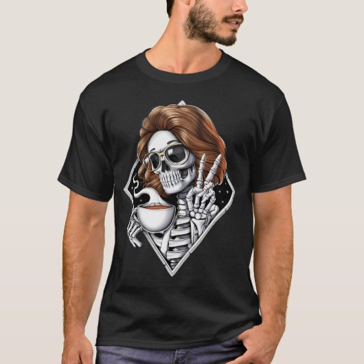 スケルトンのヒッピーがコーヒーを飲む Tシャツ (正面)