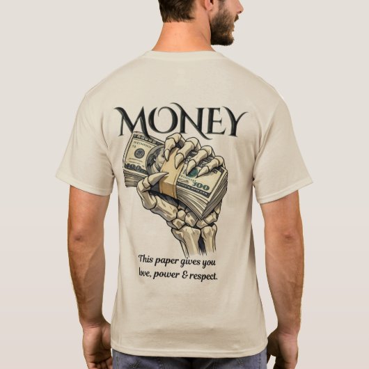 スケルトンの手が現金を持っているグラフィックデザイン Tシャツ (裏面)