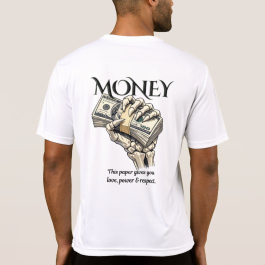 スケルトンの手が現金を持つグラフィックデザイン Tシャツ (裏面)