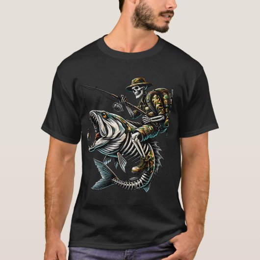 スケルトンの漁師が巨大な魚に乗る - ハードコア Tシャツ (正面)