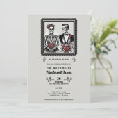 スケルトンの花嫁と花婿のカップル グレー花柄 ウェディング 招待状 (スタンド正面)