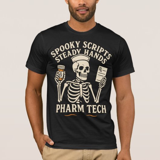 スケルトンの薬剤師テクニシャンTシャツ: Spooky Scripts, Steady Hands Tシャツ (正面)