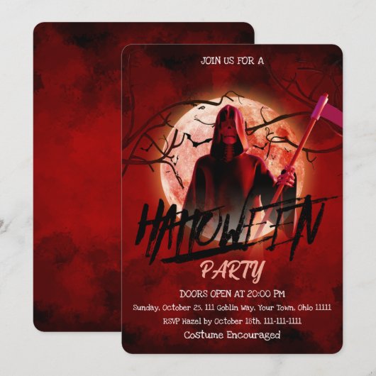 スケルトンの血の月のハロウィンパーティー 招待状 (正面/裏面)