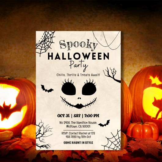 スケルトンの顔とクモの巣のハロウィン 招待状
