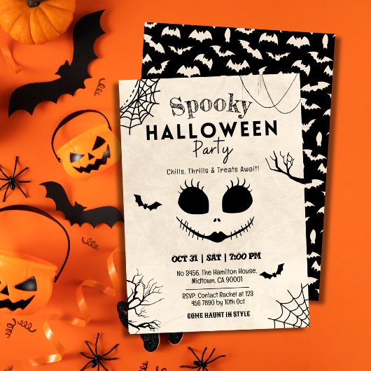 スケルトンの顔とクモの巣のハロウィン 招待状