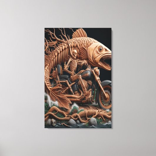 スケルトンは彼のチョッパー・バイクを走り去る道を走った キャンバスプリント (正面)