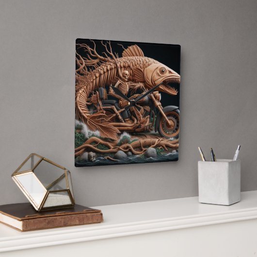 スケルトンは彼のチョッパー・バイクを走り去る道を走った スクエア壁時計 (オフィス)