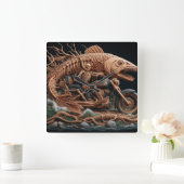 スケルトンは彼のチョッパー・バイクを走り去る道を走った スクエア壁時計 (ホーム)