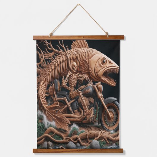スケルトンは彼のチョッパー・バイクを走り去る道を走った 吊り下げ型タペストリー (正面)