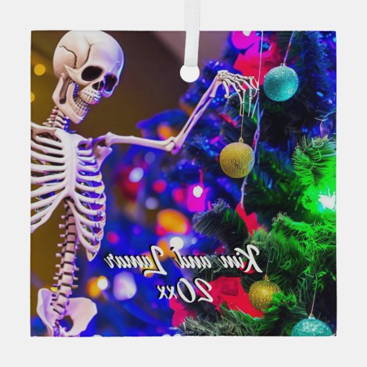 スケルトンぶら下がったのオーナメントカラフルクリスマス ガラスオーナメント (裏面)