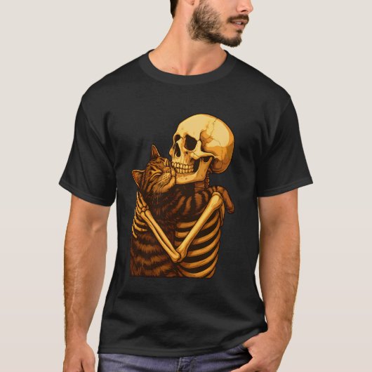 スケルトンを抱きしめる猫のハロウィン面白いかわいい男女 Tシャツ (正面)