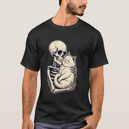 スケルトンを抱きしめる猫 かわいいハロウィン 猫好き キット Tシャツ (正面)