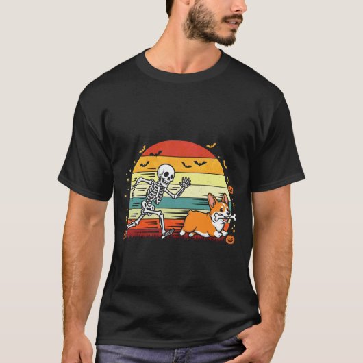 スケルトンを追うコーギー 面白いハロウィン 1 Tシャツ (正面)